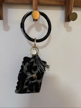 Black Patterned Wristlet Keychain with Tassel